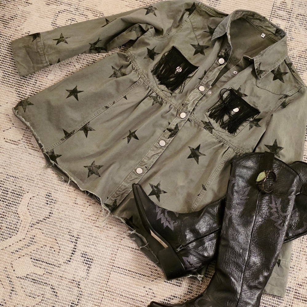 Star Patterned Jacket Shirt with Fringe